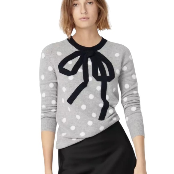 J. Crew Sweaters - J. Crew Heather Gray Cashmere Navy Bow Detail Polka Dot Crewneck Sweater - M
